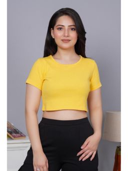MLADA - Women Solid Short Sleeves Regular Round Neck Crop Yellow T-Shirt