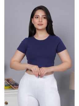 MLADA - Women Solid Short Sleeves Regular Round Neck Crop Navy Blue T-Shirt