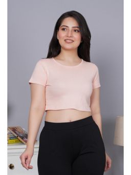 MLADA - Women Solid Short Sleeves Regular Round Neck Crop Pink T-Shirt