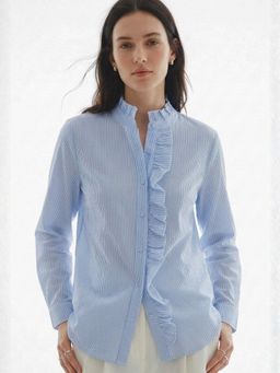 Outzidr - Blue Full Sleeve Ruffle Detail Shirt