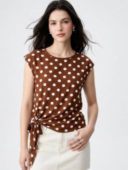 Outzidr - Brown Sleeveless Waist Tie-Up Top