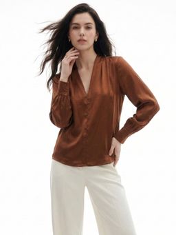 Outzidr - Brown Satin Full Sleeved Solid Top