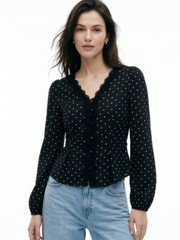 Outzidr - Black Polka Dotted With Lace Inserts Top