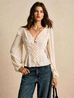 Outzidr - White Polka Dotted With Lace Inserts Top