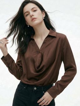 Outzidr - Brown Half Button Down Collar Neck Top