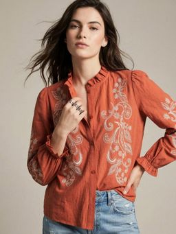 Outzidr - Rust Paisley Patterned Mandarin Neck Top