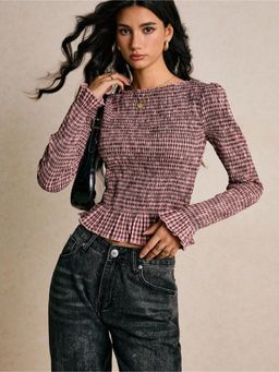 Outzidr - Multi Boat Neck Checkered Smocked Top