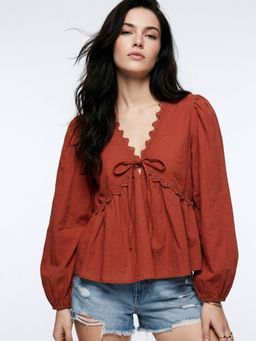 Outzidr - Rust Bishop Sleeve Lace Detail Top