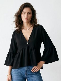 Outzidr - Black Bell Sleeve V Neck Top