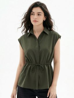 Outzidr - Teal Waist Detail Collared Top