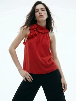 Outzidr - Red Halter Neck Ruffle Detail Top