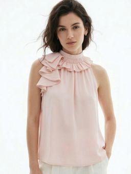 Outzidr - Light Pink High Neck Ruffle Detail Top