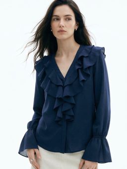 Outzidr - Navy Blue Ruffle Detail Bishop Sleeve Top