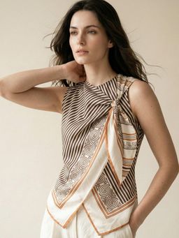 Outzidr - Brown Striped Scarf-Print Sleeveless Top