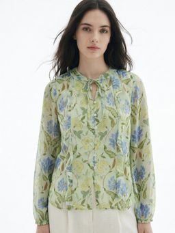 Outzidr - Green Printed with Ruffle Details Top