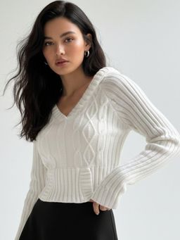 Outzidr - White Full Sleeve Cable Knit Fitted Top