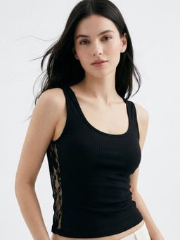 Outzidr - Black Sleeveless Self Design Detail Top