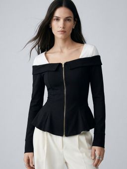 Outzidr - Black Square Neck Front Zip Peplum Style Top