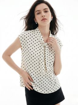 Outzidr - White Sleeveless Tie-Up Polka Printed Top