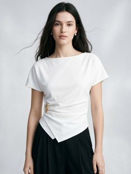 Outzidr - White Boat Neck Side Ruched Top