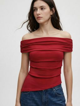 Outzidr - Red Off-Shoulder Basic Fitted Top