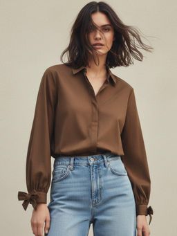Outzidr - Bow Detailed Cuffs Brown Down Shirt