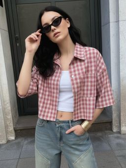 Outzidr - Pink Short Sleeve Front Button Collar Crop Shirt