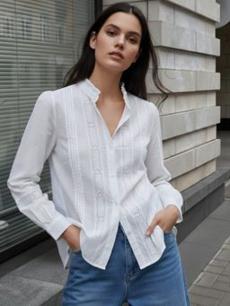 Outzidr - White Full Sleeves Textured Shirt