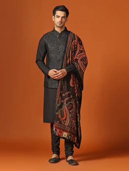 KISAH - Men Black Woven Silk Blend Jacquard Kurta Jacket Churidar Set with Dupatta with Sequinned