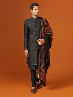 KISAH - Men Black Woven Silk Blend Jacquard Kurta Indowestern Sherwani Churidar Set with Dupatta