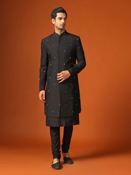 KISAH - Men Black Cut Dana Embroidery Silk Blend Kurta Indowestern Sherwani Churidar Set with Cut Dana
