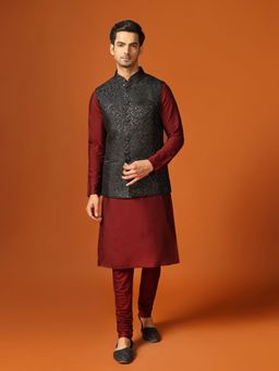 KISAH - Men Black Kurta Jacket Churidar (Set of 3)