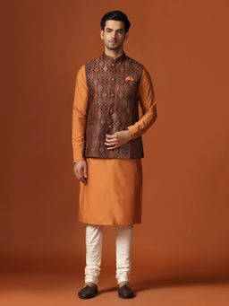 KISAH - Men Orange Kurta Jacket Churidar (Set of 3)