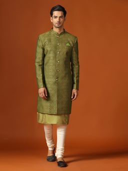 KISAH - Men Green Kurta Sherwani Churidar (Set of 3)