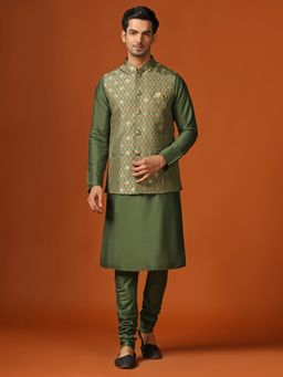 KISAH - Men Green Kurta Jacket Churidar (Set of 3)