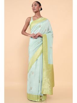 Soch - Women Blue Silk Embroidered Saree with Unstitched Blouse