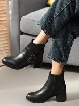Carlton London - Black Solid Mid Top Women Buckle Boots