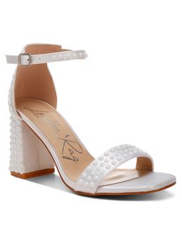 London Rag - Pearls Embellished Satin Off White Sandal Heels