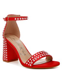 London Rag - Pearls Embellished Satin Red Sandal Heels