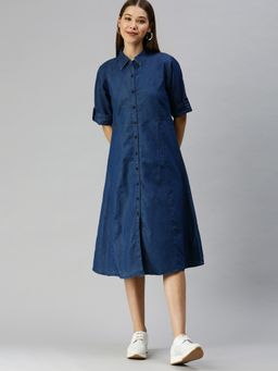 SHOWOFF - Women Solid Blue Shirt Dress