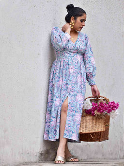Sundarii - Blue Gul Sanganeri Floral Print Dress