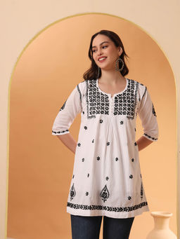 The Chikan Label - White Hand Embroidered Cotton A-Line Chikankari Peplum Kurti