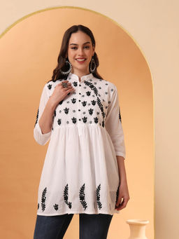 The Chikan Label - White Hand Embroidered Cotton A-Line Chikankari Peplum Kurti