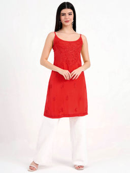 The Chikan Label - Red Women Embroidered Georgette Chikankari Kurta