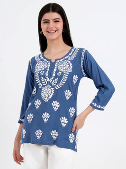 The Chikan Label - Blue Hand Embroidered Lucknowi Chikankari Kurti