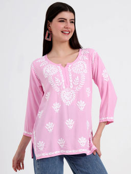 The Chikan Label - Baby Pink Hand Embroidered Lucknowi Chikankari Kurti