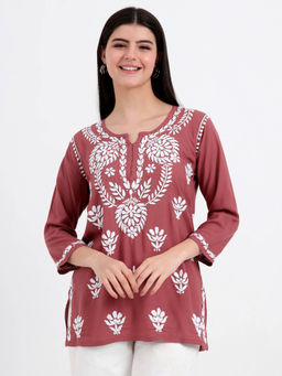 The Chikan Label - Brown Hand Embroidered Lucknowi Chikankari Kurti