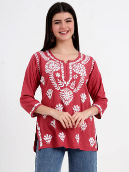 The Chikan Label - Candy Coral Hand Embroidered Lucknowi Chikankari Kurti