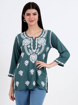 The Chikan Label - Green Hand Embroidered Lucknowi Chikankari Kurti