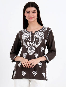 The Chikan Label - Brown Hand Embroidered Lucknowi Chikankari Kurti